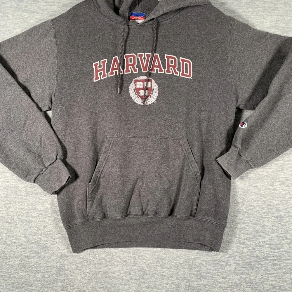 Harvard Hoodie Mens Small Gray Champion Pullover Fleece Sweatshirt‎ Logo Graphic